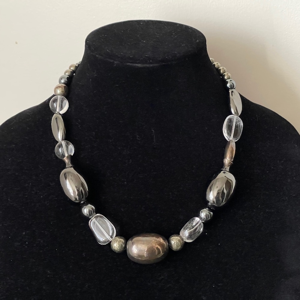 RLM studio sterling silver 925 Hematite color beads clear quartz beaded necklace